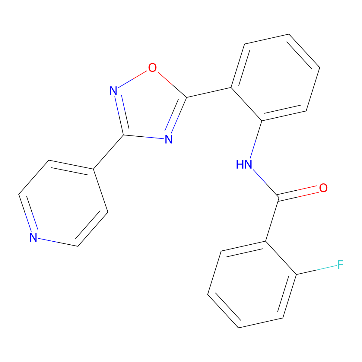2-fluoro-N-(2-(3-(pyridin-4-yl)-1,2,4-oxadiazol-5-yl)phenyl)benzamide molecular structure, CAS 1119429-10-5