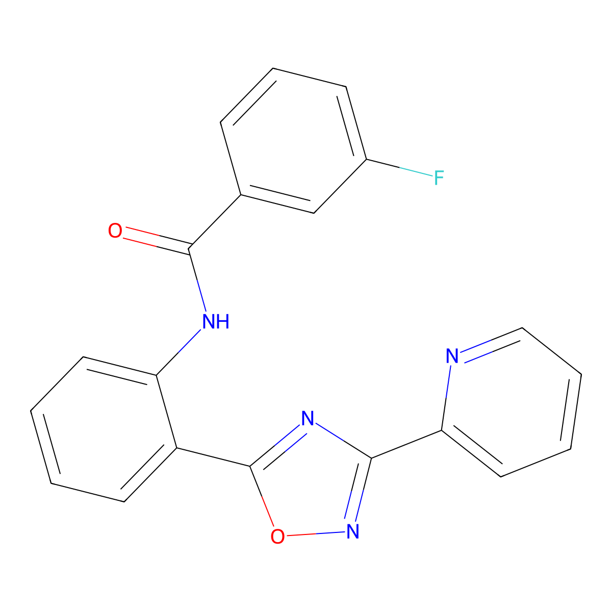 3-fluoro-N-(2-(3-(pyridin-2-yl)-1,2,4-oxadiazol-5-yl)phenyl)benzamide molecular structure, CAS 1119429-17-2