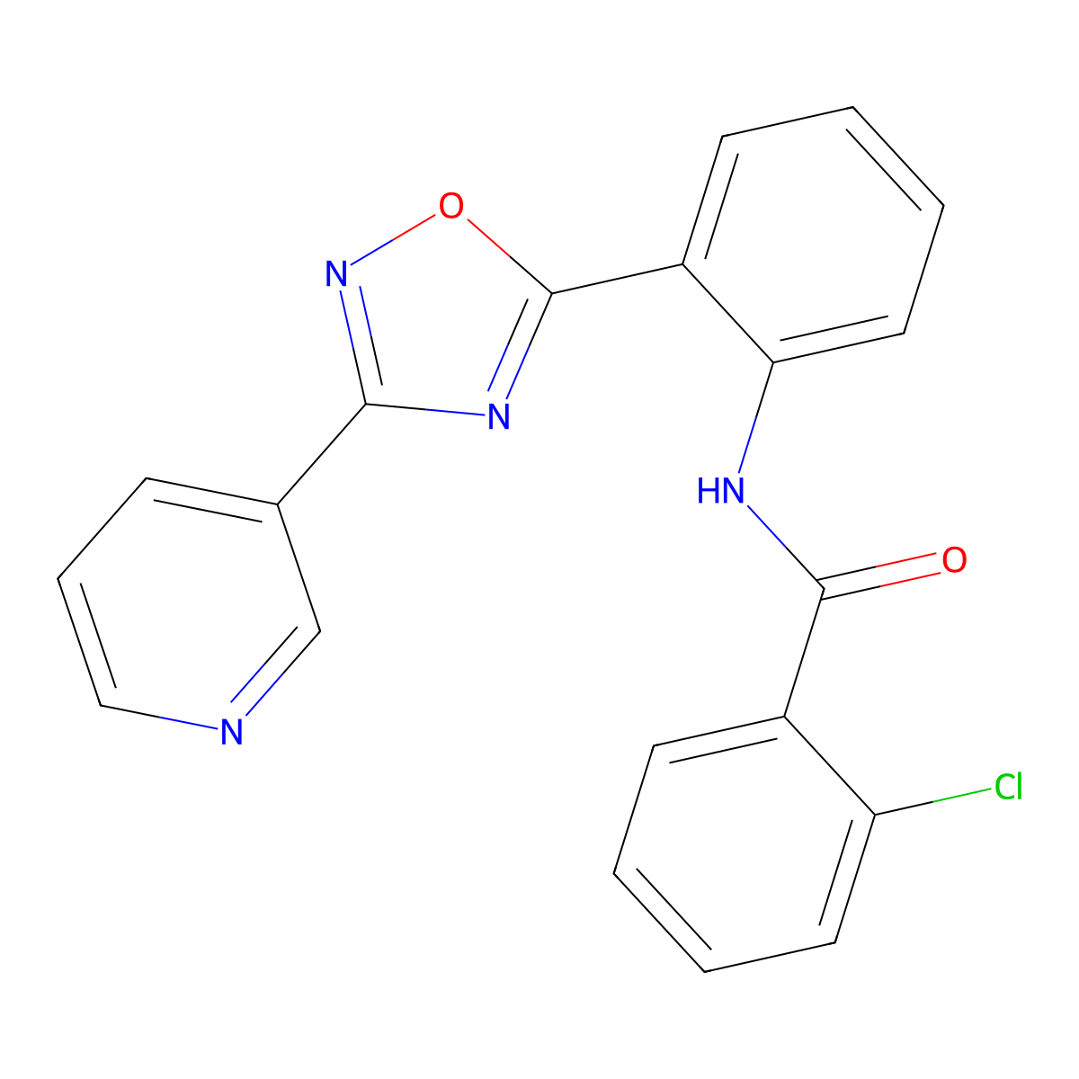 2-chloro-N-(2-(3-(pyridin-3-yl)-1,2,4-oxadiazol-5-yl)phenyl)benzamide molecular structure, CAS 1119429-41-2