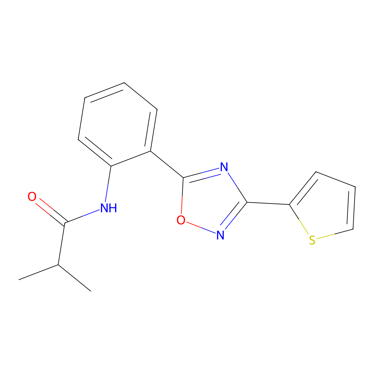 2-methyl-N-{2-[3-(thiophen-2-yl)-1,2,4-oxadiazol-5-yl]phenyl}propanamide molecular structure, CAS 1119440-12-8