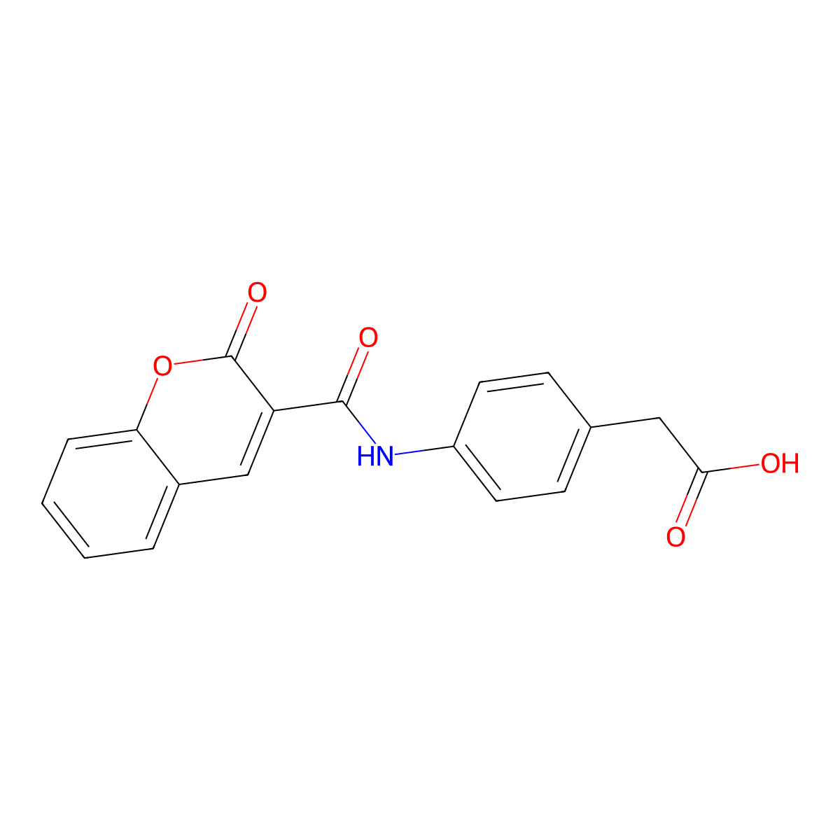 4-[[(2-Oxo-2H-1-benzopyran-3-yl)carbonyl]amino]benzeneacetic acid molecular structure, CAS 111947-25-2