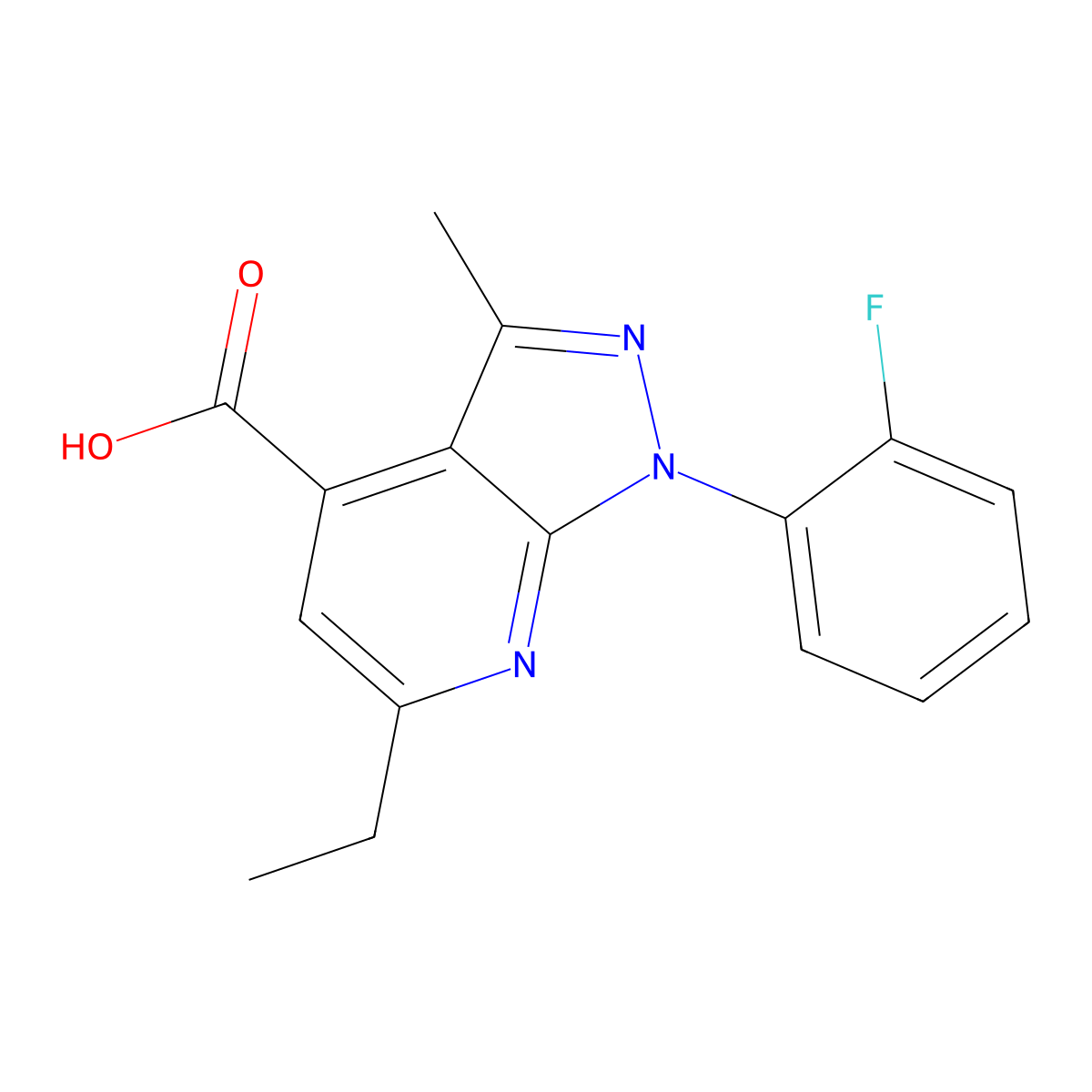 6-ethyl-1-(2-fluorophenyl)-3-methyl-1H-pyrazolo[3,4-b]pyridine-4-carboxylic acid molecular structure, CAS 1119499-72-7