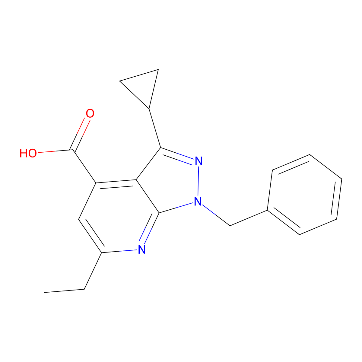 1-benzyl-3-cyclopropyl-6-ethyl-1H-pyrazolo[3,4-b]pyridine-4-carboxylic acid molecular structure, CAS 1119499-73-8