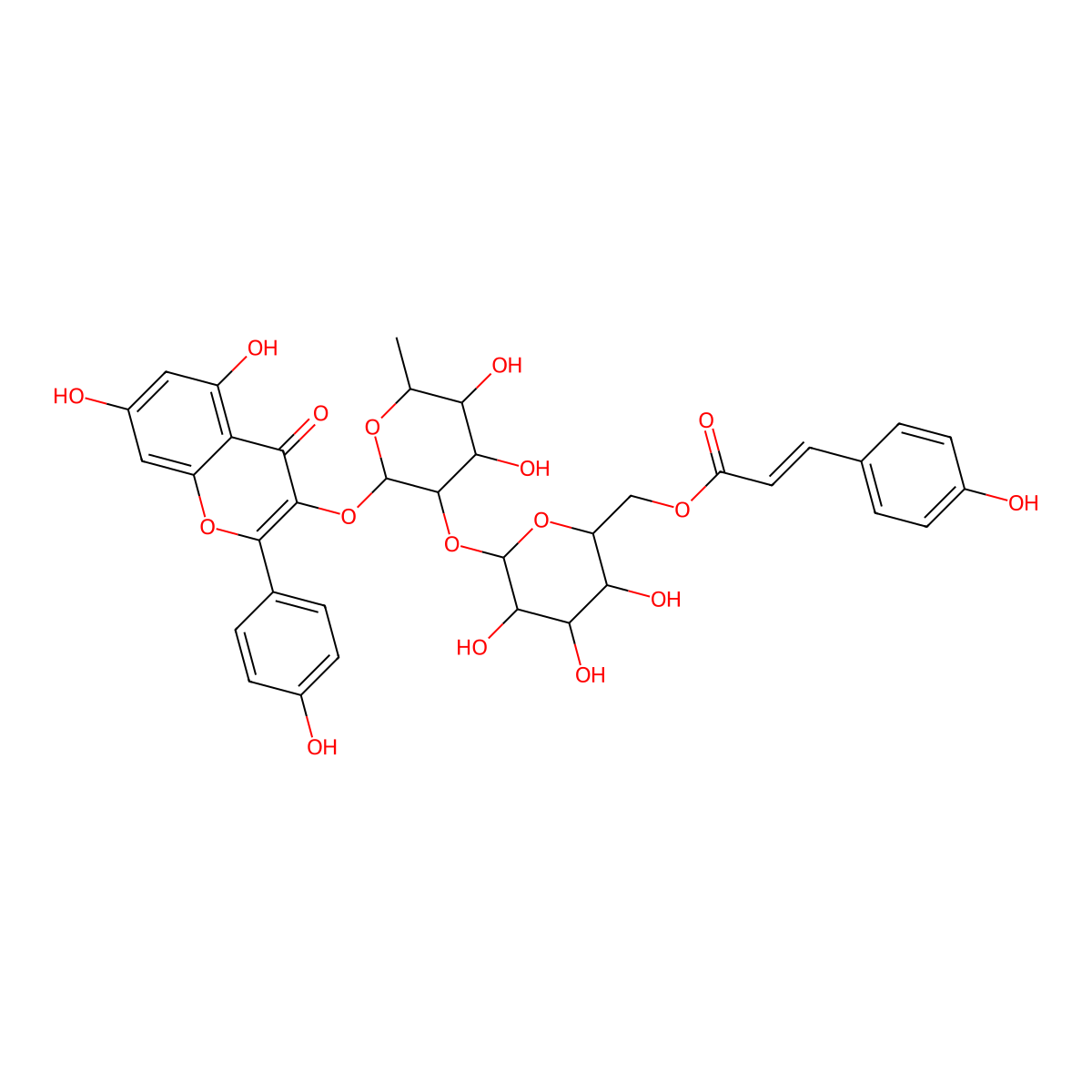 3-((6-Deoxy-2-O-(6-O-((2E)-3-(4-hydroxyphenyl)-1-oxo-2-propen-1-yl)-beta-D-glucopyranosyl)-alpha-L-mannopyranosyl)oxy)-5,7-dihydroxy-2-(4-hydroxyphenyl)-4H-1-benzopyran-4-one molecular structure, CAS 111957-48-3