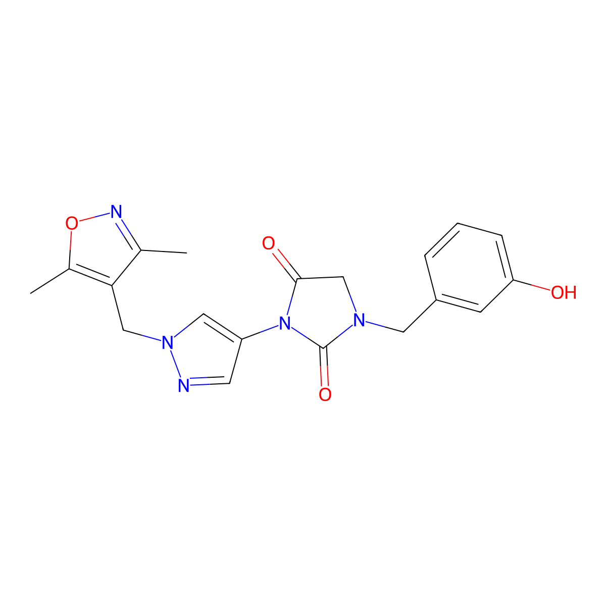 3-(1-((3,5-Dimethylisoxazol-4-yl)methyl)-1H-pyrazol-4-yl)-1-(3-hydroxybenzyl)-imidazolidine-2,4-dione molecular structure, CAS 1119831-25-2