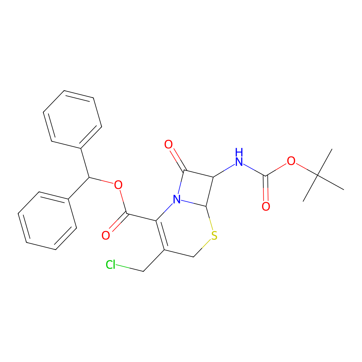 (6R,7R)-Benzhydryl 7-((tert-butoxycarbonyl)amino)-3-(chloromethyl)-8-oxo-5-thia-1-azabicyclo[4.2.0]oct-2-ene-2-carboxylate molecular structure, CAS 112028-91-8