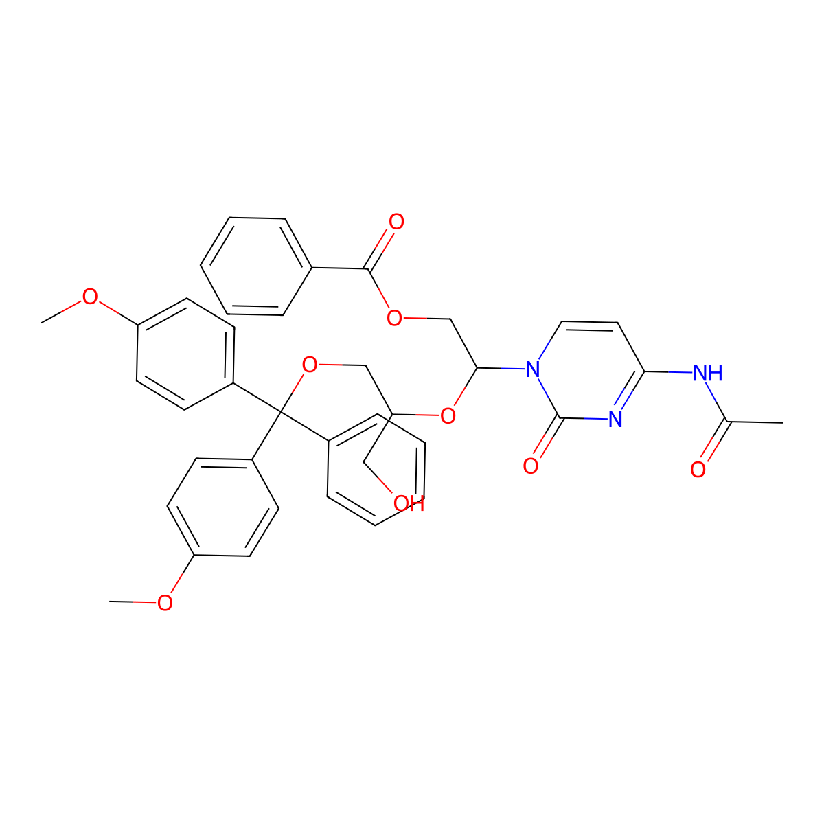 (R)-2-(4-acetamido-2-oxopyrimidin-1(2H)-yl)-2-(((S)-1-(bis(4-methoxyphenyl)(phenyl)methoxy)-3-hydroxypropan-2-yl)oxy)ethyl benzoate molecular structure, CAS 1120329-55-6