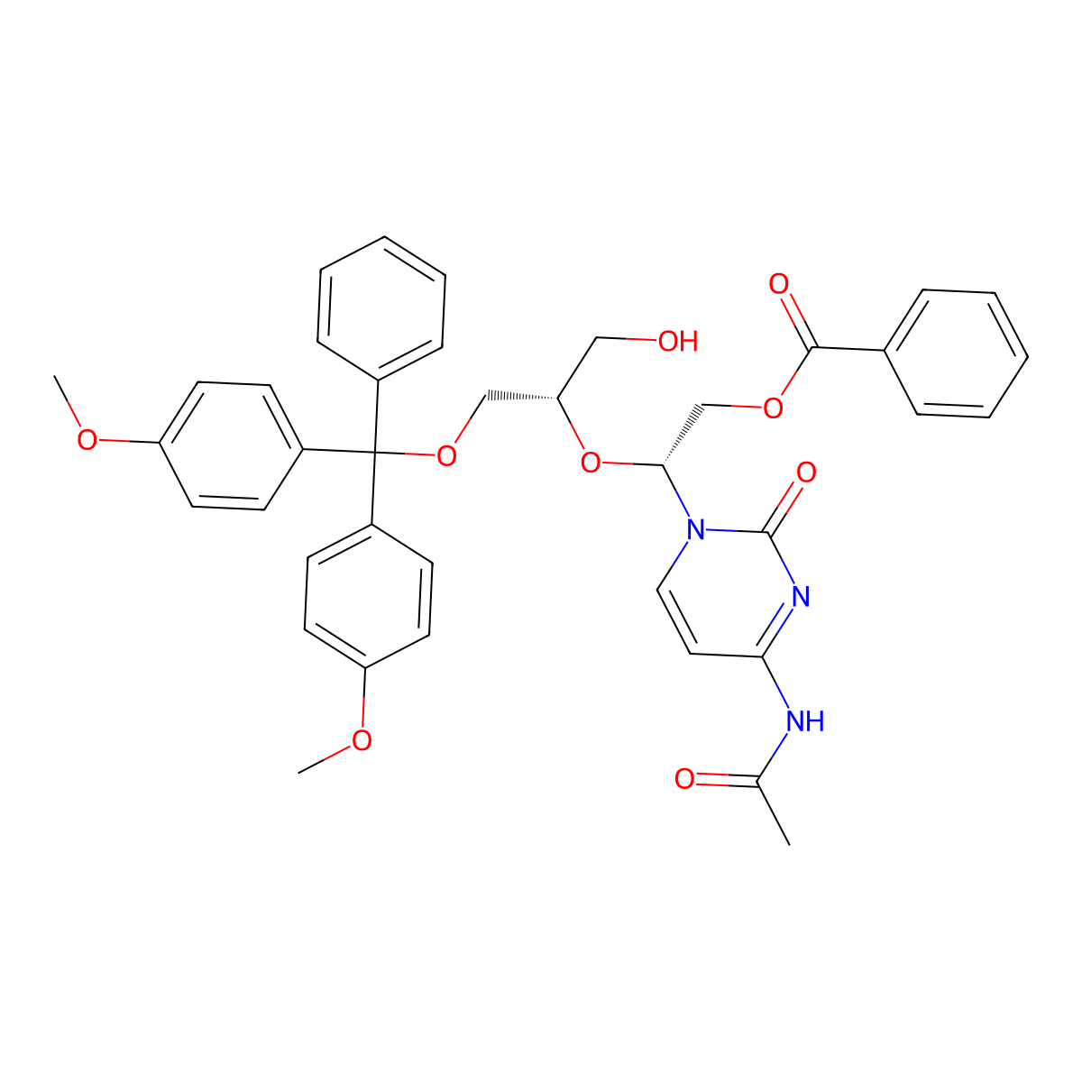 (R)-2-(4-acetamido-2-oxopyrimidin-1(2H)-yl)-2-(((S)-1-(bis(4-methoxyphenyl)(phenyl)methoxy)-3-hydroxypropan-2-yl)oxy)ethyl benzoate molecular structure, CAS 1120329-55-6