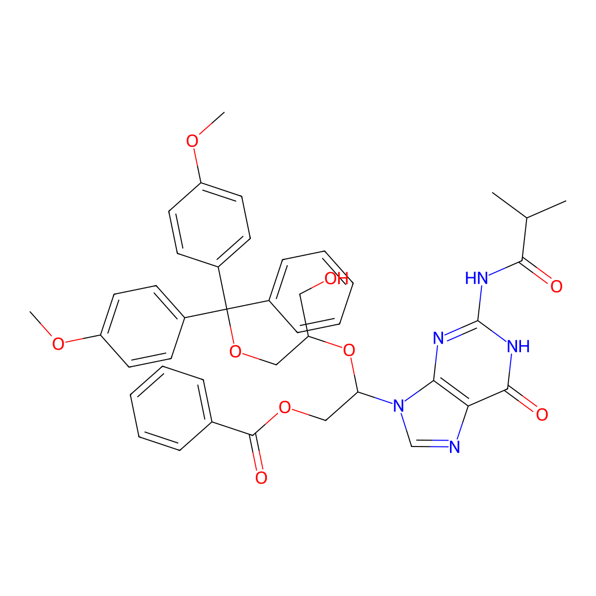 (R)-2-(((S)-1-(bis(4-methoxyphenyl)(phenyl)methoxy)-3-hydroxypropan-2-yl)oxy)-2-(2-isobutyramido-6-oxo-1,6-dihydro-9H-purin-9-yl)ethyl benzoate molecular structure, CAS 1120329-60-3