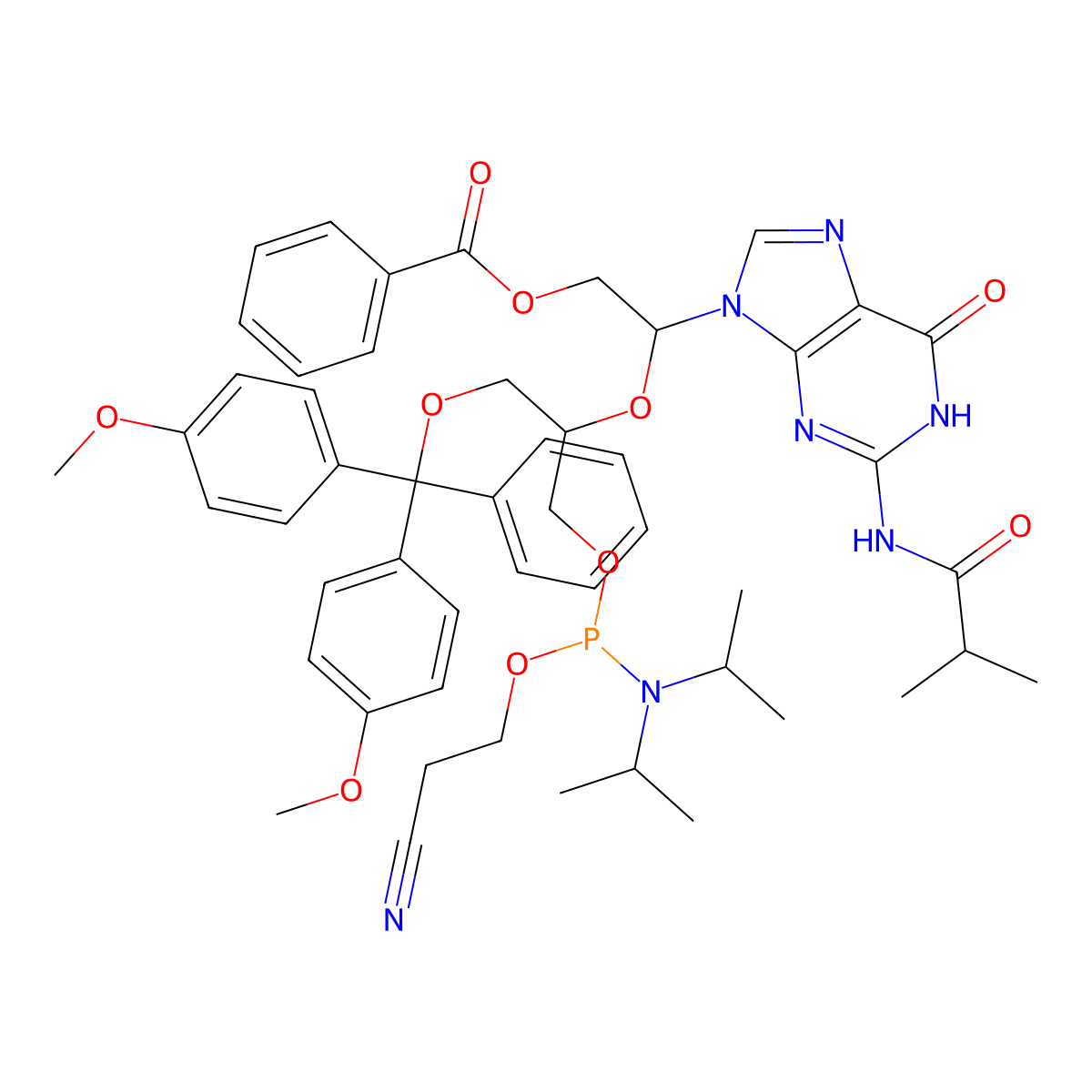 (2R)-2-(((2R)-1-(Bis(4-methoxyphenyl)(phenyl)methoxy)-3-(((2-cyanoethoxy)(diisopropylamino)phosphino)oxy)propan-2-yl)oxy)-2-(2-isobutyramido-6-oxo-3H-purin-9(6H)-yl)ethyl benzoate molecular structure, CAS 1120329-61-4