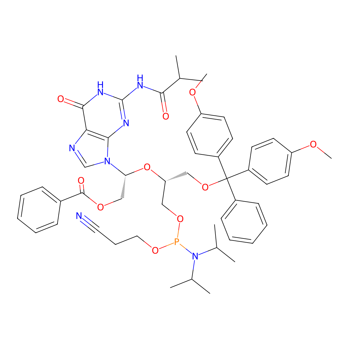 (2R)-2-(((2R)-1-(Bis(4-methoxyphenyl)(phenyl)methoxy)-3-(((2-cyanoethoxy)(diisopropylamino)phosphino)oxy)propan-2-yl)oxy)-2-(2-isobutyramido-6-oxo-3H-purin-9(6H)-yl)ethyl benzoate molecular structure, CAS 1120329-61-4
