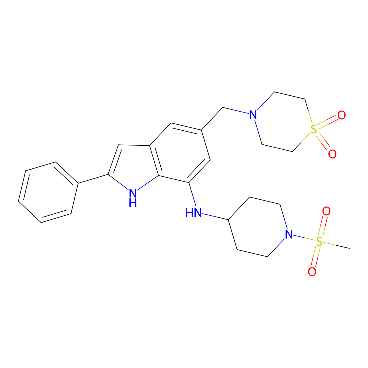 5-[(1,1-dioxo-1,4-thiazinan-4-yl)methyl]-N-(1-methylsulfonylpiperidin-4-yl)-2-phenyl-1H-indol-7-amine molecular structure, CAS 1120333-38-1