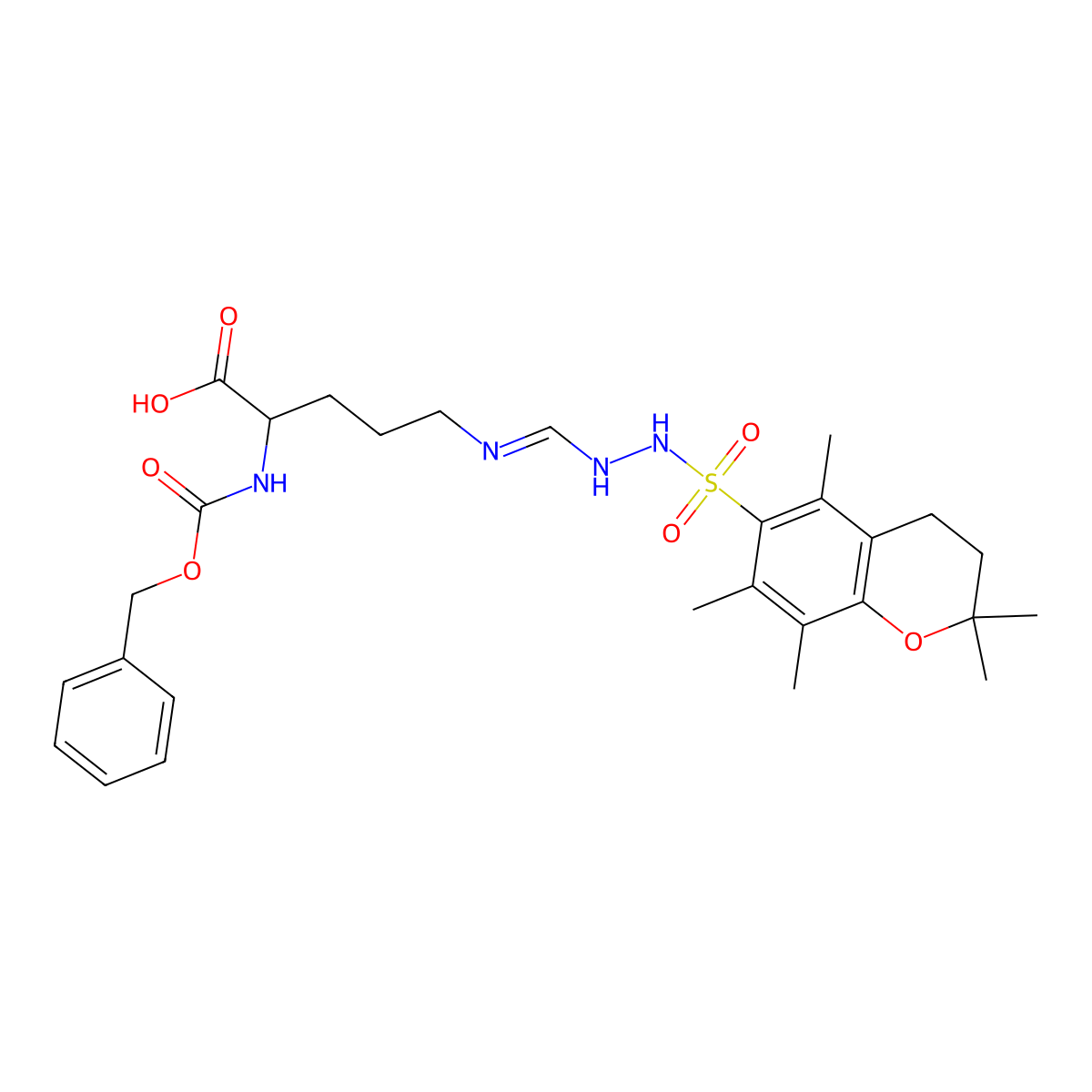 (S)-2-(((Benzyloxy)carbonyl)amino)-5-(N'-((2,2,5,7,8-pentamethylchroman-6-yl)sulfonyl)formohydrazonamido)pentanoic acid molecular structure, CAS 112160-32-4