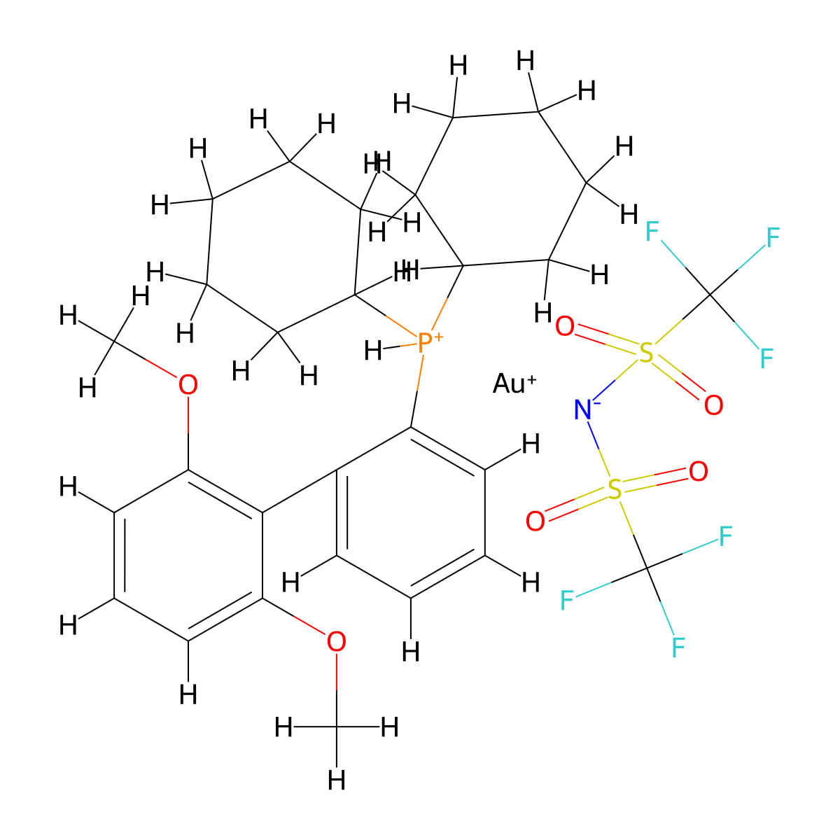 2-Dicyclohexyl(2′,6′-dimethoxybiphenyl)phosphine gold(I) bis(trifluoromethylsulfonyl)imide , SPhos AuNTf2 molecular structure, CAS 1121960-90-4