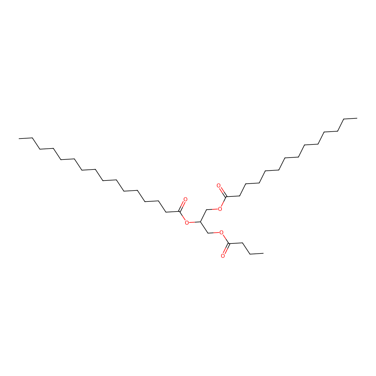 Hexadecanoic acid, 1-[(1-oxobutoxy)methyl]-2-[(1-oxotetradecyl)oxy]ethyl ester molecular structure, CAS 1122578-89-5