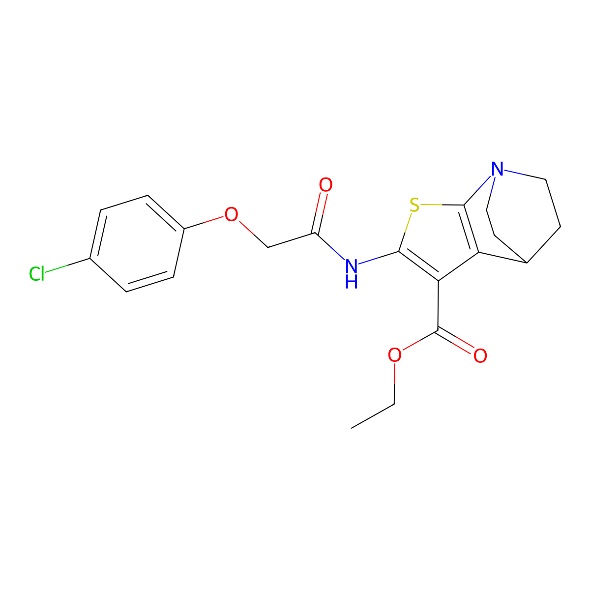 4H-4,7-Ethanothieno(2,3-b)pyridine-3-carboxylic acid, 5,6-dihydro-2-(((4-chlorophenoxy)acetyl)amino)-, ethyl ester molecular structure, CAS 112290-21-8