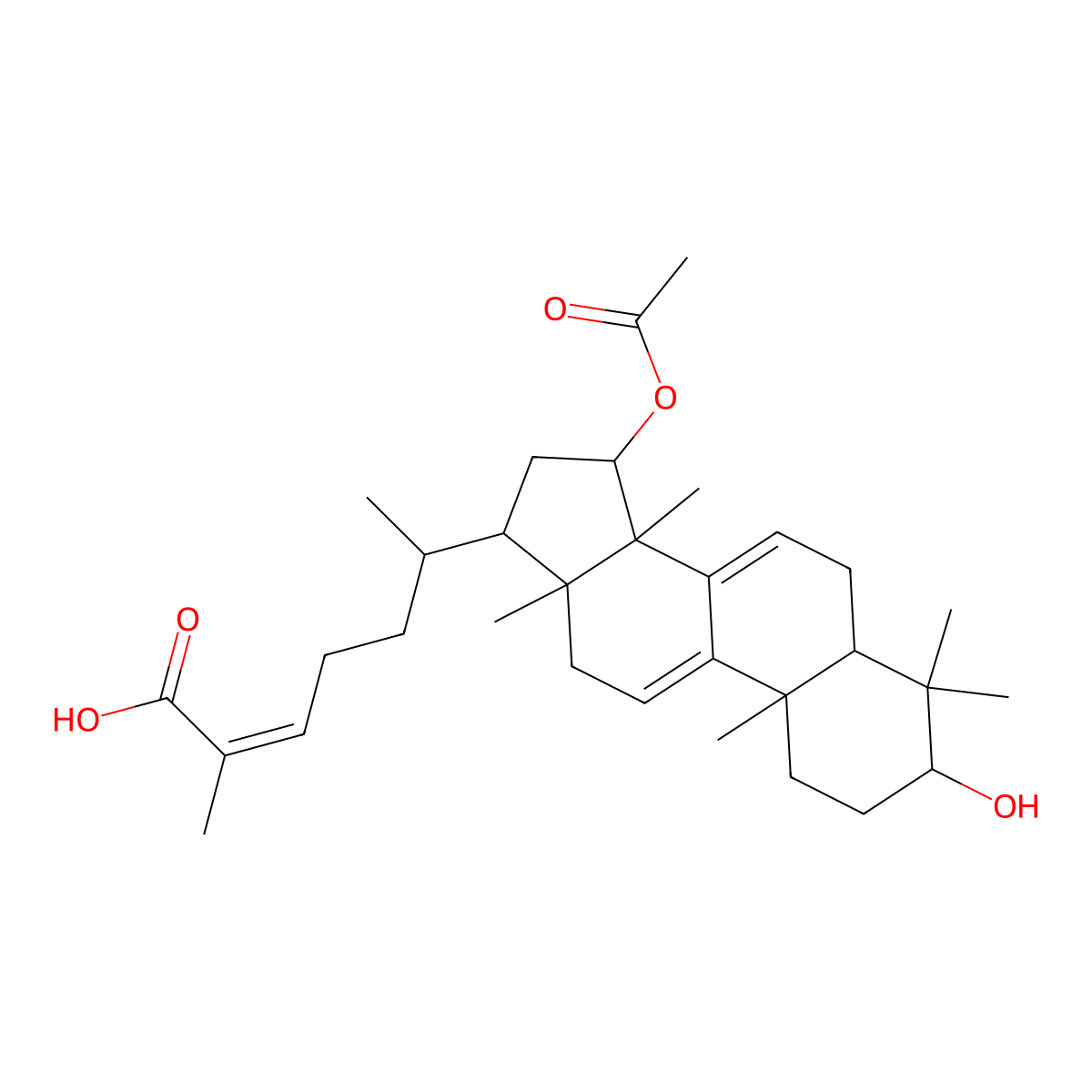 (E,6R)-6-[(3S,10S,13R,14R,15S,17R)-15-acetyloxy-3-hydroxy-4,4,10,13,14-pentamethyl-2,3,5,6,12,15,16,17-octahydro-1H-cyclopenta[a]phenanthren-17-yl]-2-methylhept-2-enoic acid molecular structure, CAS 112430-64-5