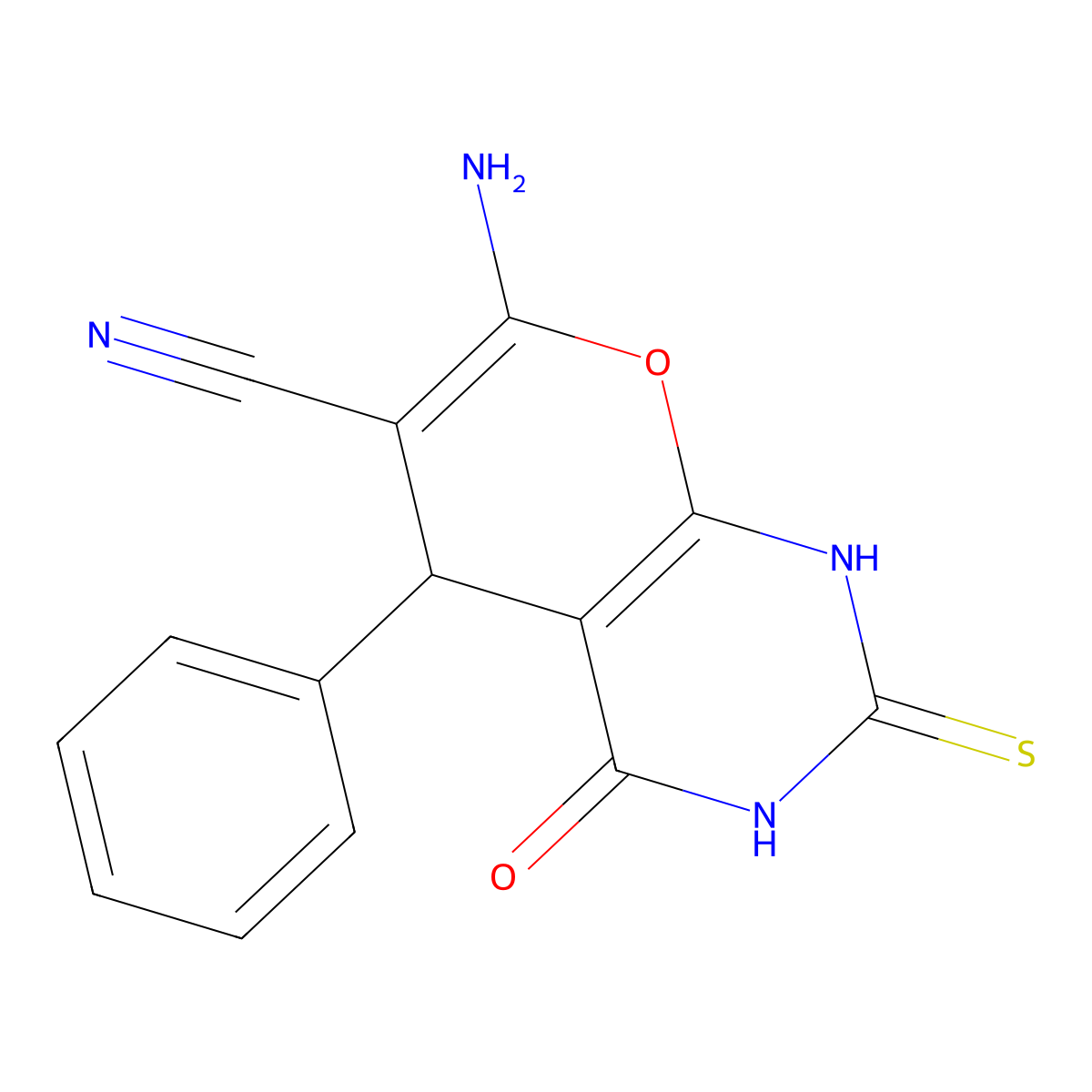 7-Amino-4-oxo-5-phenyl-2-thioxo-1,3,5,8-tetrahydro-8-oxaquinazoline-6-carbonitrile molecular structure, CAS 112434-50-1
