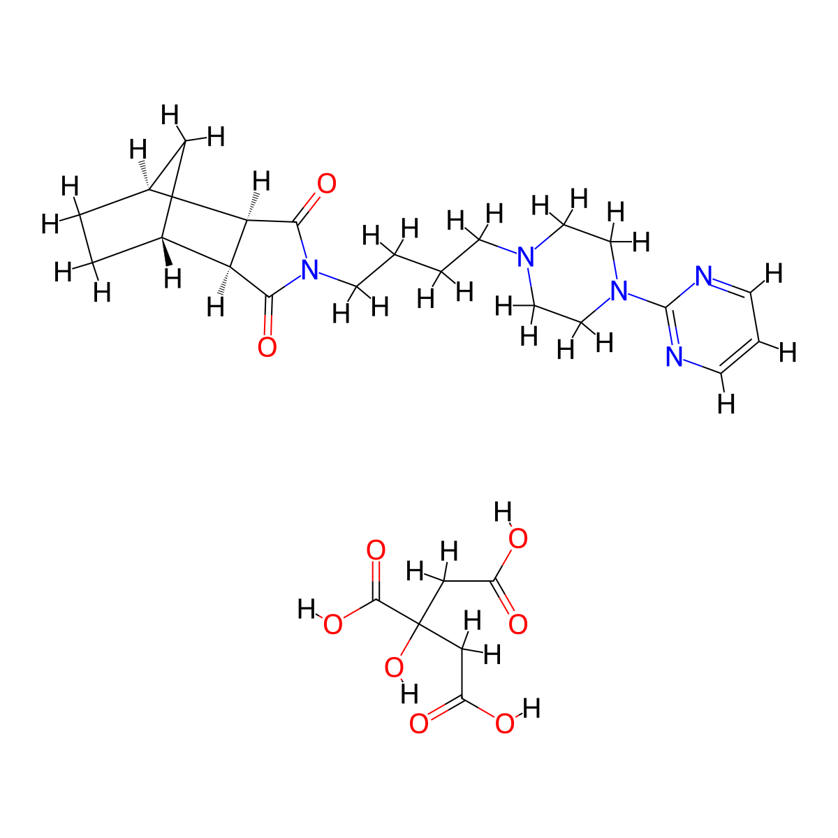 4,7-Methano-1H-isoindole-1,3(2H)-dione, hexahydro-2-(4-(4-(2-pyrimidinyl)-1-piperazinyl)butyl)-, (3aR,4S,7R,7aS)-rel-, 2-hydroxy-1,2,3-propanetricarboxylate (1:1) molecular structure, CAS 112457-95-1