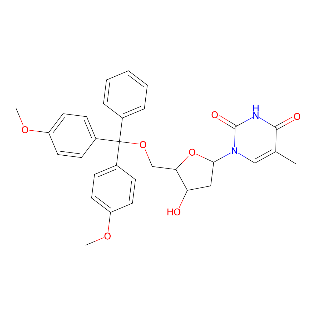 1-((2R,4R,5R)-5-((bis(4-methoxyphenyl)(phenyl)methoxy)methyl)-4-hydroxy-tetrahydrofuran-2-yl)-5-methylpyrimidine-2,4(1H,3H)-dione molecular structure, CAS 112501-53-8