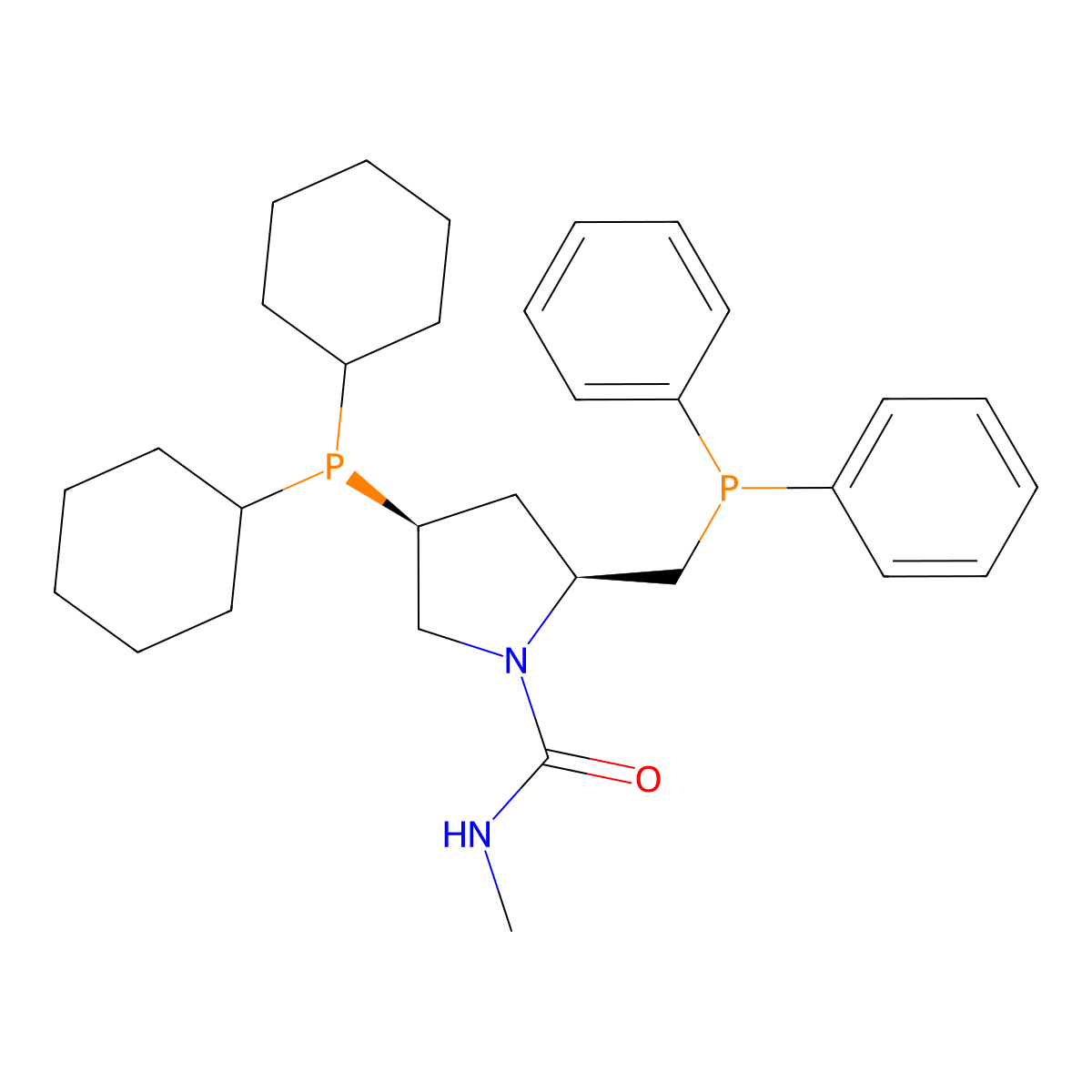 (2S,4S)-(-)-2-(Diphenylphosphinomethyl)-4-(dicyclohexylphosphino)-N-methyl-1-pyrrolidinecarboxamide molecular structure, CAS 112521-97-8