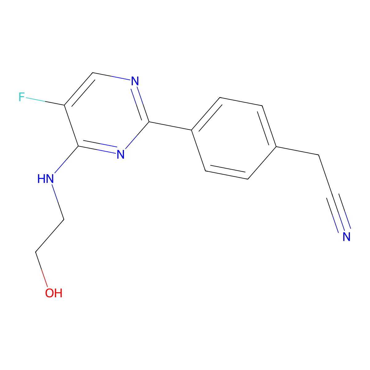 (4-{5-Fluoro-4-[(2-hydroxyethyl)amino]pyrimidin-2-yl}phenyl)acetonitrile molecular structure, CAS 1125421-93-3