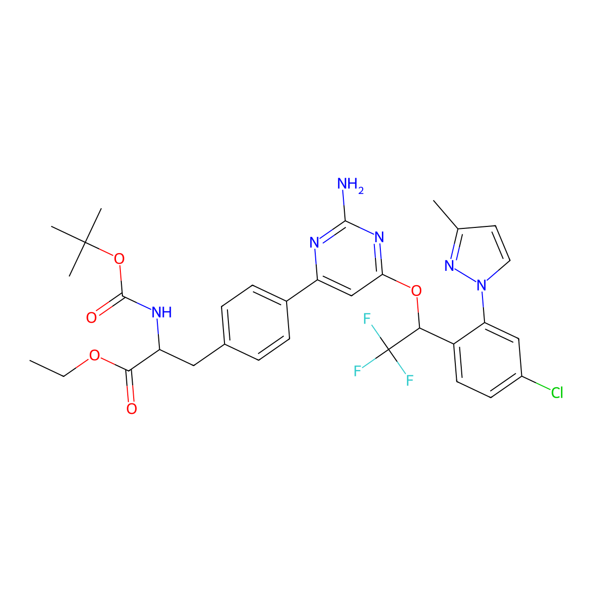 (S)-ethyl 3-(4-(2-amino-6-((R)-1-(4-chloro-2-(3-methyl-1H-pyrazol-1-yl)phenyl)-2,2,2-trifluoroethoxy)pyrimidin-4-yl)phenyl)-2-((tert-butoxycarbonyl)amino)propanoate molecular structure, CAS 1125828-44-5