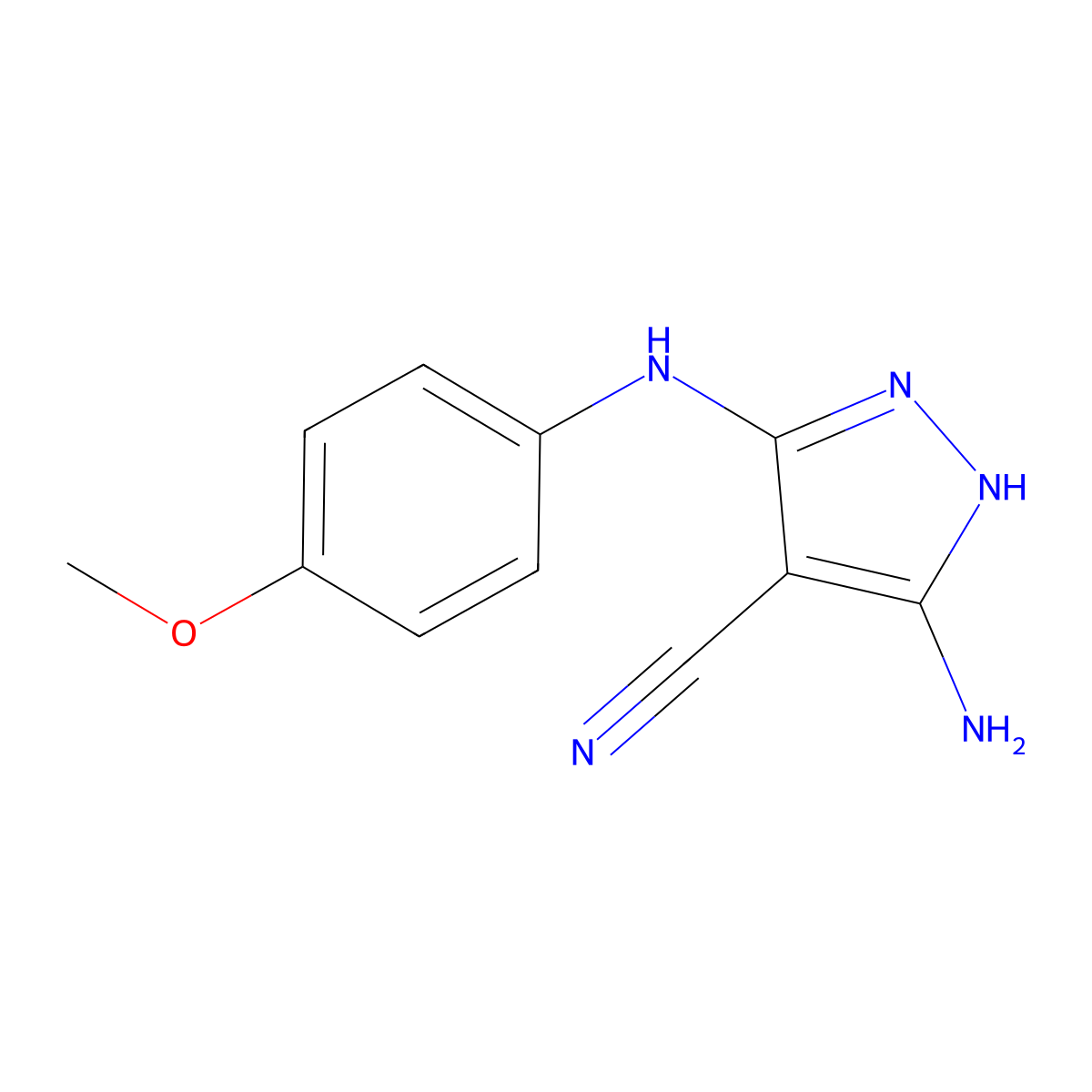 5-amino-3-((4-methoxyphenyl)amino)-1H-pyrazole-4-carbonitrile molecular structure, CAS 112606-39-0