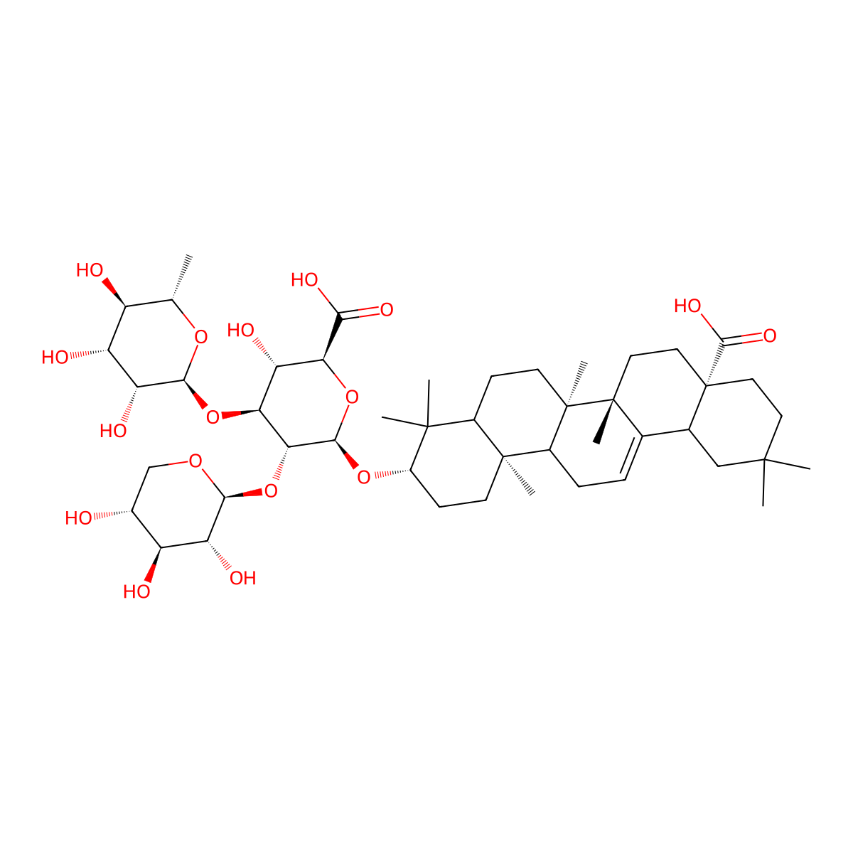 NCGC00385193-01_C47H74O17_Olean-12-en-28-oic acid, 3-[[O-6-deoxy-alpha-L-mannopyranosyl-(1->3)-O-[beta-D-xylopyranosyl-(1->2)]-beta-D-glucopyranuronosyl]oxy]-, (3beta,5xi,9xi,18xi)- molecular structure, CAS 112614-10-5