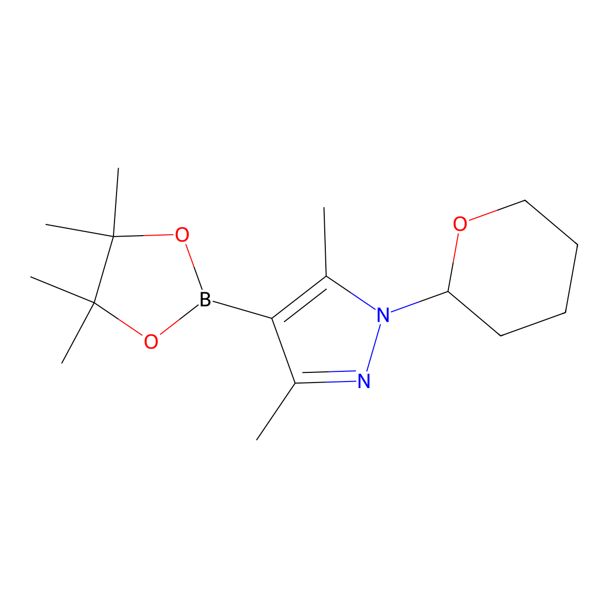 3,5-dimethyl-1-(oxan-2-yl)-4-(tetramethyl-1,3,2-dioxaborolan-2-yl)-1H-pyrazole molecular structure, CAS 1126779-11-0