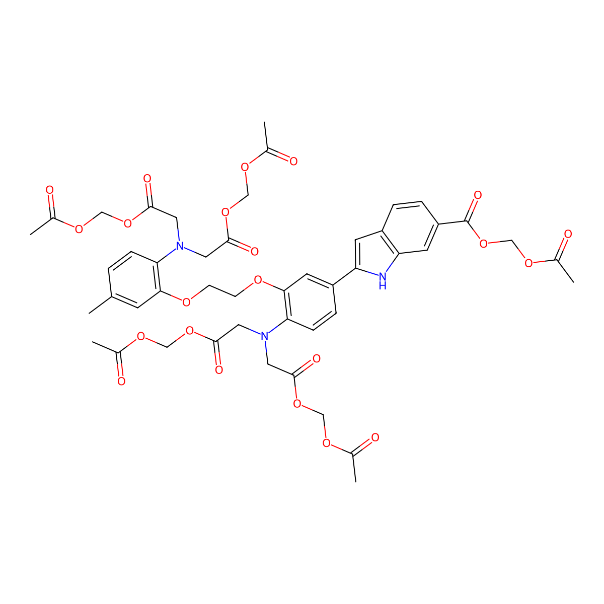 (Acetyloxy)methyl 2-(4-(bis(2-((acetyloxy)methoxy)-2-oxoethyl)amino)-3-(2-(2-(bis(2-((acetyloxy)methoxy)-2-oxoethyl)amino)-5-methylphenoxy)ethoxy)phenyl)-1H-indole-6-carboxylate molecular structure, CAS 112926-02-0