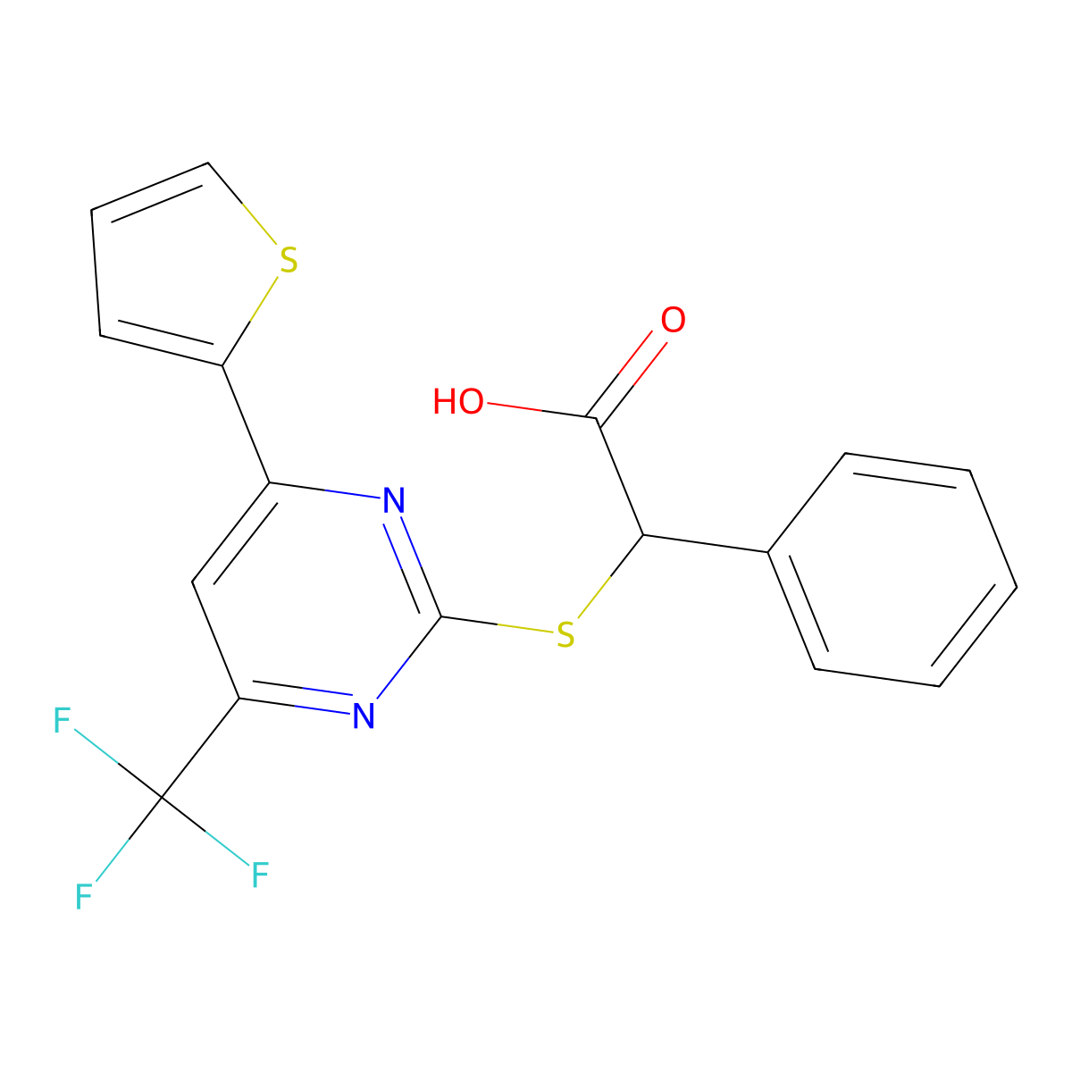 2-Phenyl-2-{[4-(thiophen-2-yl)-6-(trifluoromethyl)pyrimidin-2-yl]sulfanyl}acetic acid molecular structure, CAS 1129406-32-1