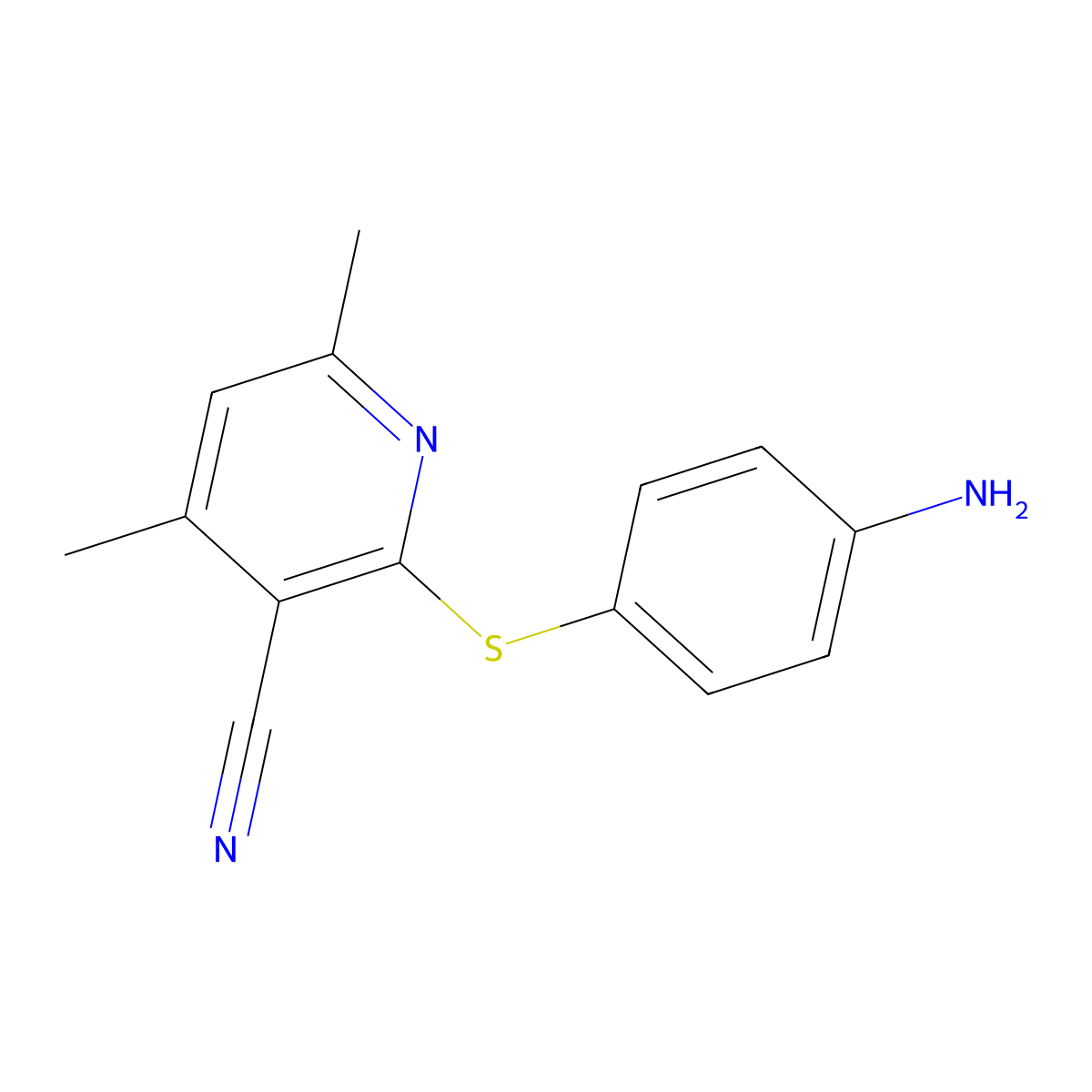 3-Pyridinecarbonitrile, 2-[(4-aminophenyl)thio]-4,6-dimethyl- molecular structure, CAS 112955-01-8
