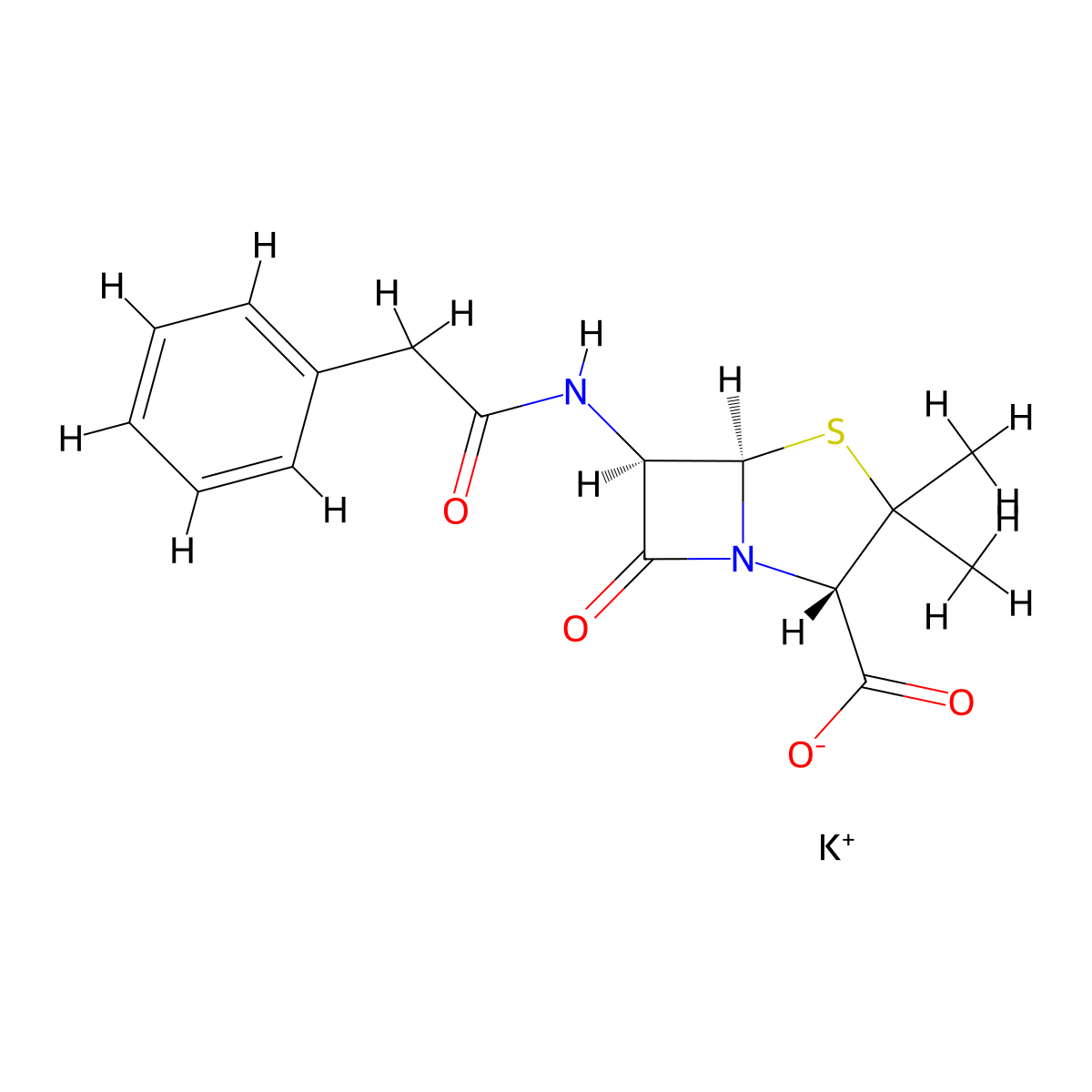 potassium (2S,5R,6R)-3,3-dimethyl-7-oxo-6-[(2-phenylacetyl)amino]-4-thia-1-azabicyclo[3.2.0]heptane-2-carboxylate molecular structure, CAS 113-98-4