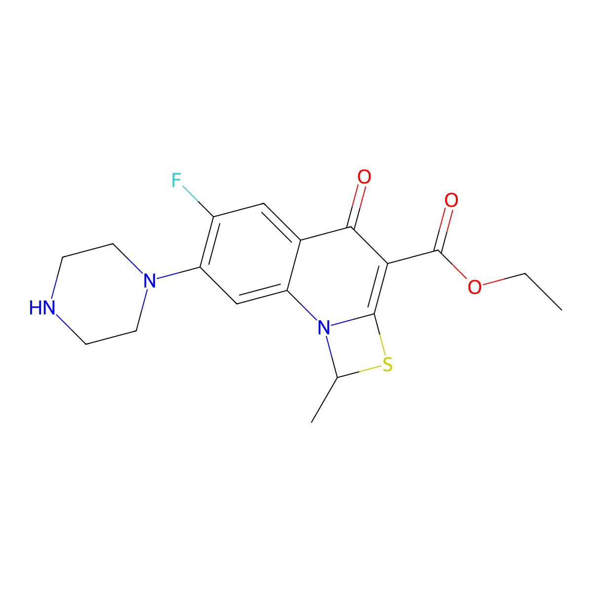 Ethyl 6-fluoro-1-methyl-4-oxo-7-(piperazin-1-yl)-1,4-dihydro-[1,3]thiazeto[3,2-a]quinoline-3-carboxylate molecular structure, CAS 113028-17-4