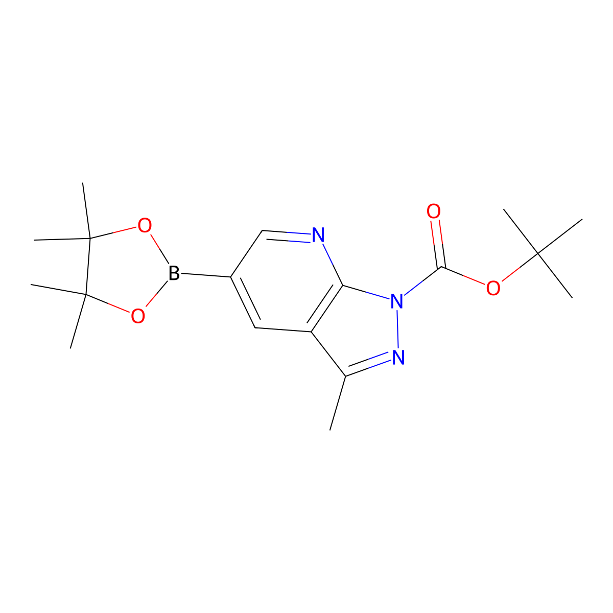 tert-Butyl 3-methyl-5-(4,4,5,5-tetramethyl-1,3,2-dioxaborolan-2-yl)-1H-pyrazolo[3,4-b]pyridine-1-carboxylate molecular structure, CAS 1131121-50-0