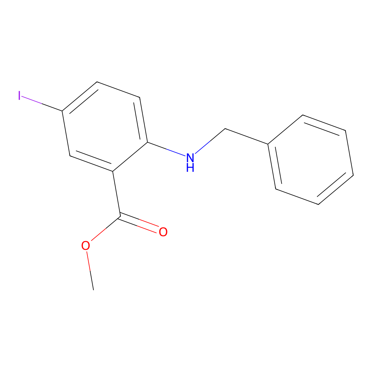 Methyl 2-(benzylamino)-5-iodobenzoate molecular structure, CAS 1131587-21-7