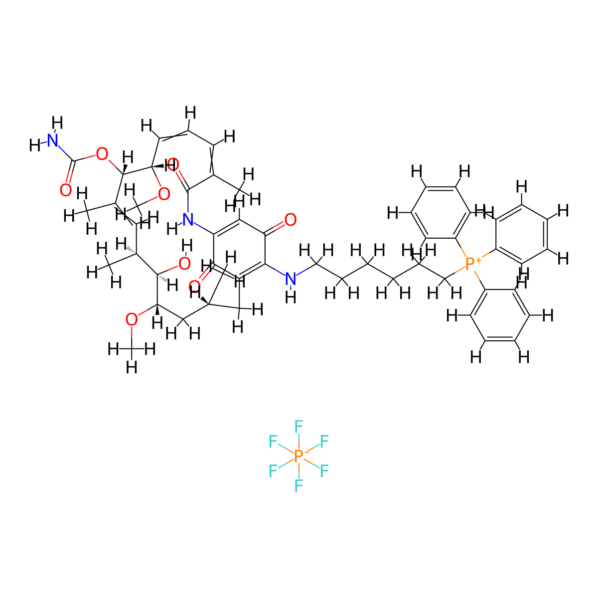 6-[[(8S,9S,12S,13R,14S,16R)-9-carbamoyloxy-13-hydroxy-8,14-dimethoxy-4,10,12,16-tetramethyl-3,20,22-trioxo-2-azabicyclo[16.3.1]docosa-1(21),4,6,10,18-pentaen-19-yl]amino]hexyl-triphenylphosphanium hexafluorophosphate molecular structure, CAS 1131626-47-5