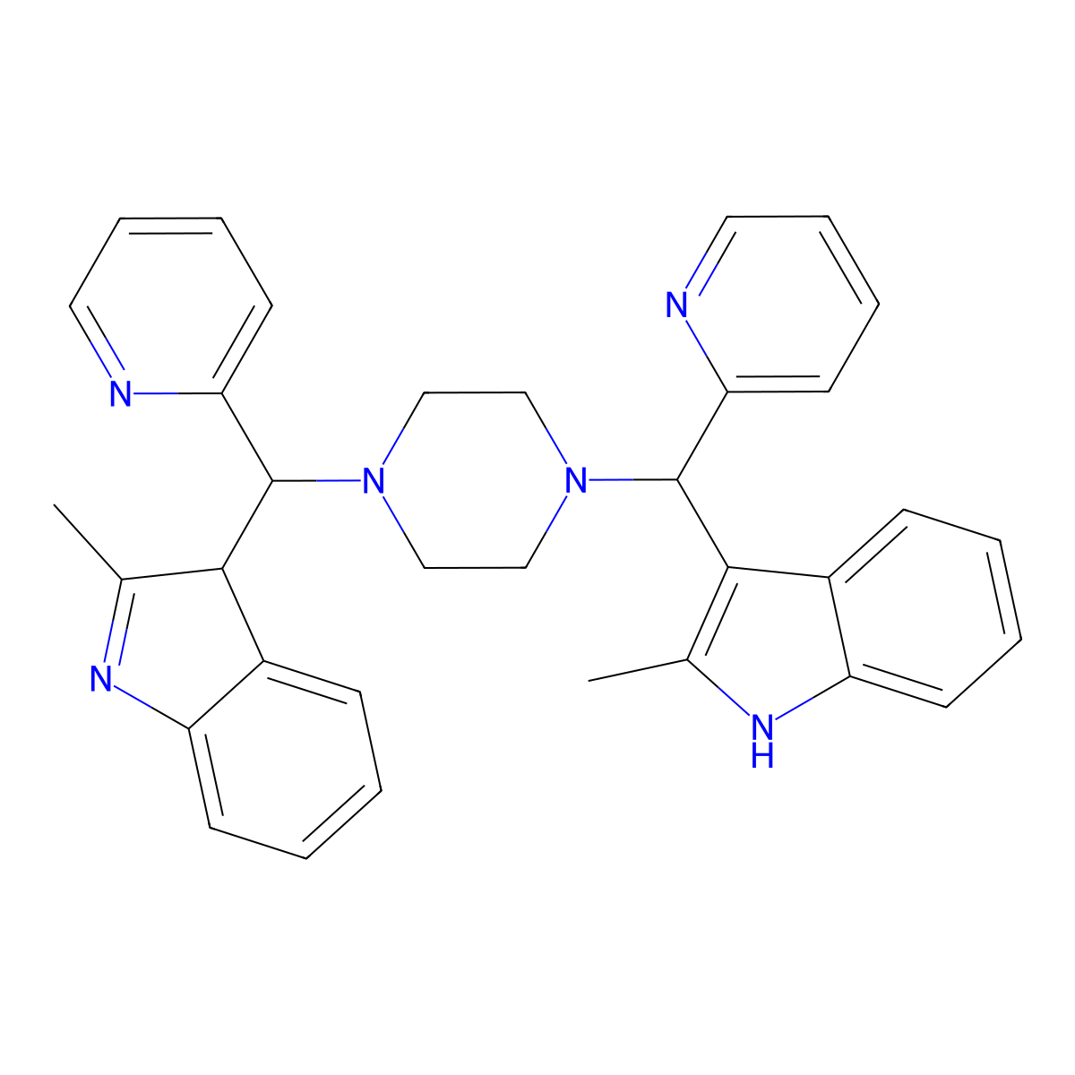 2-methyl-3-[{4-[(2-methyl-3H-indol-3-yl)(pyridin-2-yl)methyl]piperazin-1-yl}(pyridin-2-yl)methyl]-1H-indole molecular structure, CAS 1132709-46-6