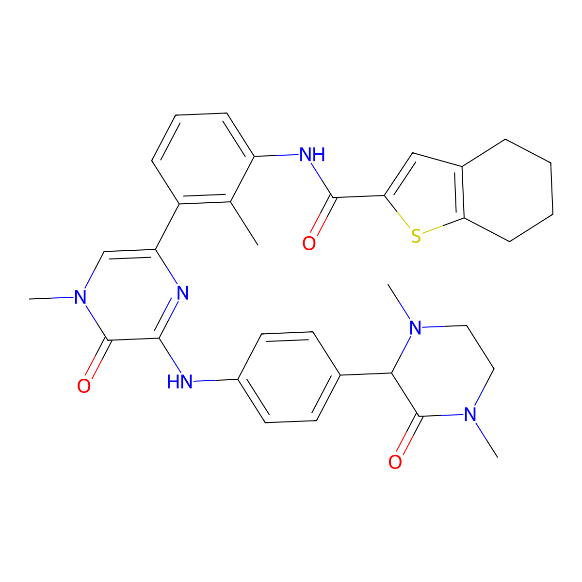 N-[3-(6-{4-[(2S)-1,4-Dimethyl-3-oxopiperazin-2-yl]anilino}-4-methyl-5-oxo-4,5-dihydropyrazin-2-yl)-2-methylphenyl]-4,5,6,7-tetrahydro-1-benzothiophene-2-carboxamide molecular structure, CAS 1133432-50-4
