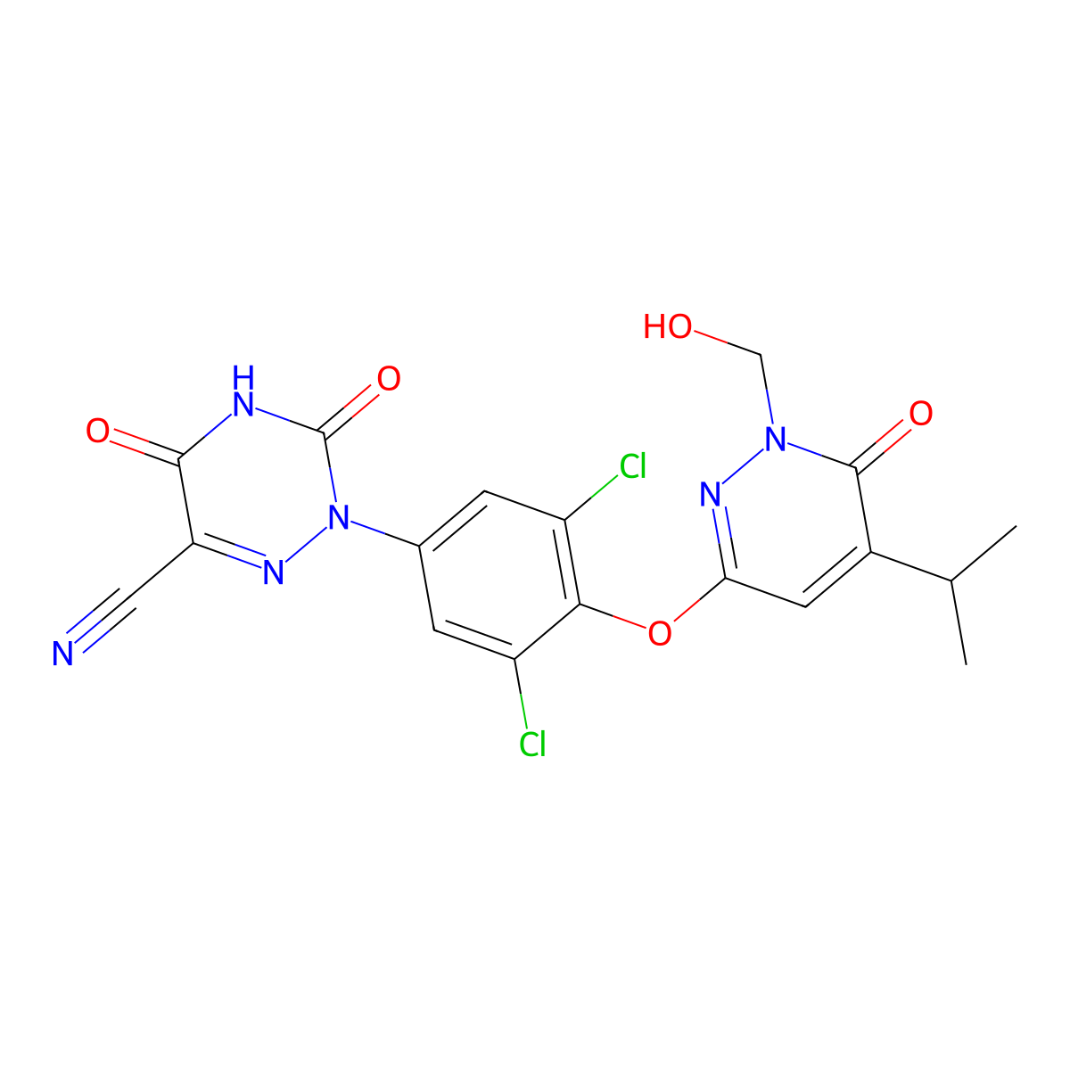 2-[3,5-Dichloro-4-[[1,6-dihydro-1-(hydroxymethyl)-5-(1-methylethyl)-6-oxo-3-pyridazinyl]oxy]phenyl]-2,3,4,5-tetrahydro-3,5-dioxo-1,2,4-triazine-6-carbonitrile molecular structure, CAS 1133710-89-0