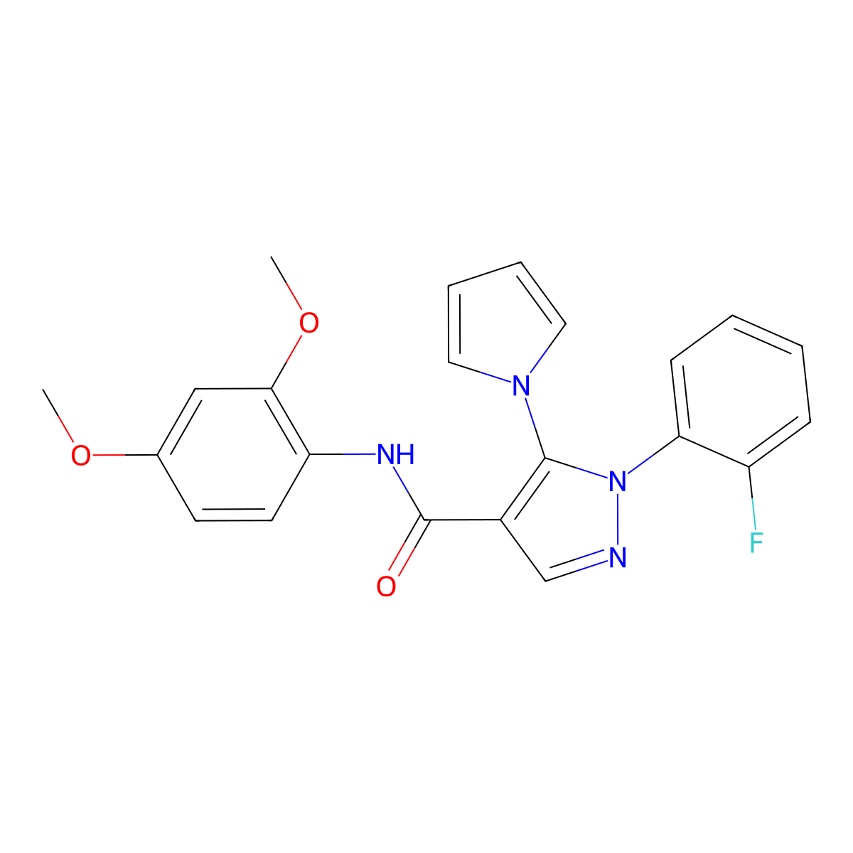 N-(2,4-dimethoxyphenyl)-1-(2-fluorophenyl)-5-(1H-pyrrol-1-yl)-1H-pyrazole-4-carboxamide molecular structure, CAS 1134016-30-0