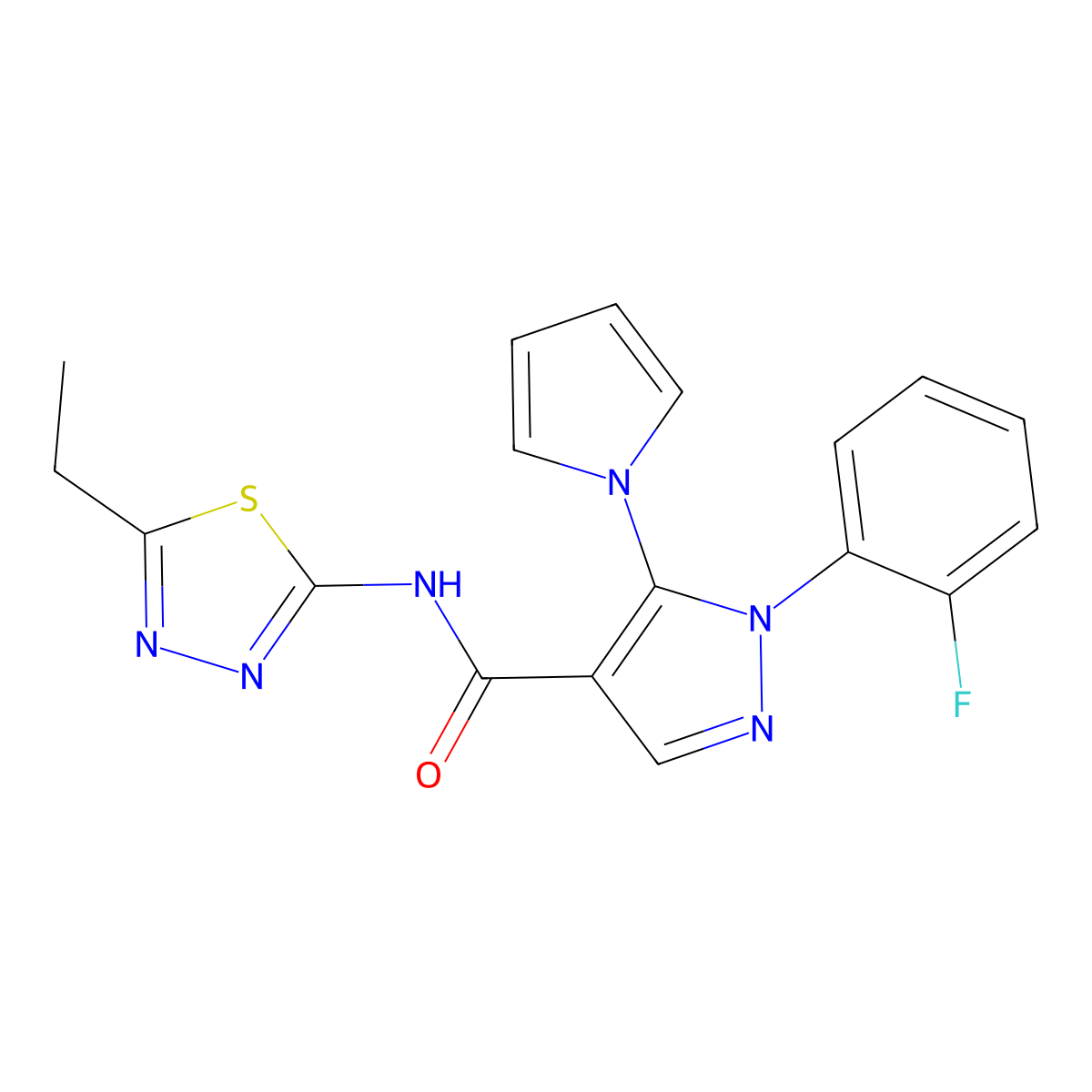 N-[(2E)-5-ethyl-1,3,4-thiadiazol-2(3H)-ylidene]-1-(2-fluorophenyl)-5-(1H-pyrrol-1-yl)-1H-pyrazole-4-carboxamide molecular structure, CAS 1134016-32-2