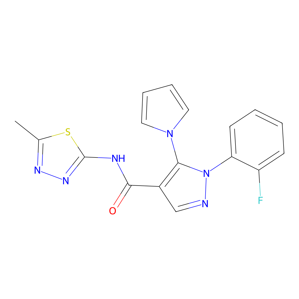 1-(2-fluorophenyl)-N-(5-methyl-1,3,4-thiadiazol-2-yl)-5-(1H-pyrrol-1-yl)-1H-pyrazole-4-carboxamide molecular structure, CAS 1134016-44-6