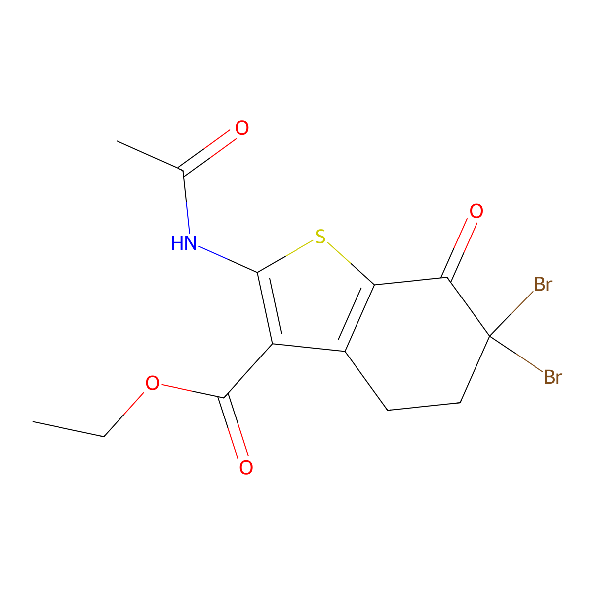 Ethyl 2-(acetylamino)-6,6-dibromo-7-oxo-4,5,6,7-tetrahydro-1-benzothiophene-3-carboxylate molecular structure, CAS 113407-90-2