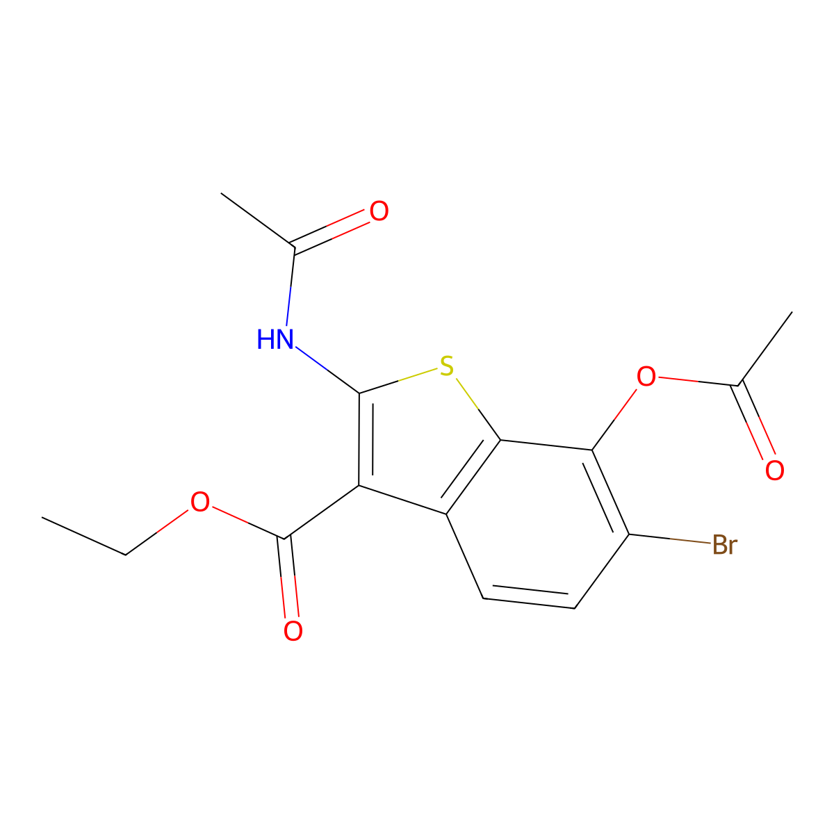 Ethyl 2-(acetylamino)-7-(acetyloxy)-6-bromo-1-benzothiophene-3-carboxylate molecular structure, CAS 113408-00-7