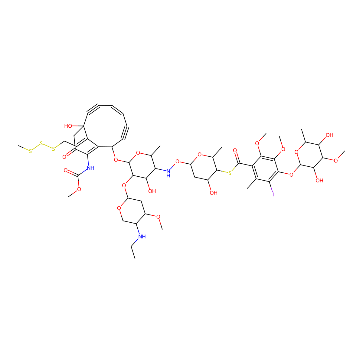 S-((2R,3S,4S,6S)-6-(((2R,3S,4S,5R,6R)-5-((2S,4S,5S)-5-(ethylamino)-4-methoxyoxan-2-yl)oxy-4-hydroxy-6-(((2S,5Z,9R,13Z)-9-hydroxy-12-(methoxycarbonylamino)-13-(2-(methyltrisulfanyl)ethylidene)-11-oxo-2-bicyclo(7.3.1)trideca-1(12),5-dien-3,7-diynyl)oxy)-2-methyloxan-3-yl)amino)oxy-4-hydroxy-2-methyloxan-3-yl) 4-((2S,3R,4R,5S,6S)-3,5-dihydroxy-4-methoxy-6-methyloxan-2-yl)oxy-5-iodo-2,3-dimethoxy-6-methylbenzenecarbothioate molecular structure, CAS 113440-58-7