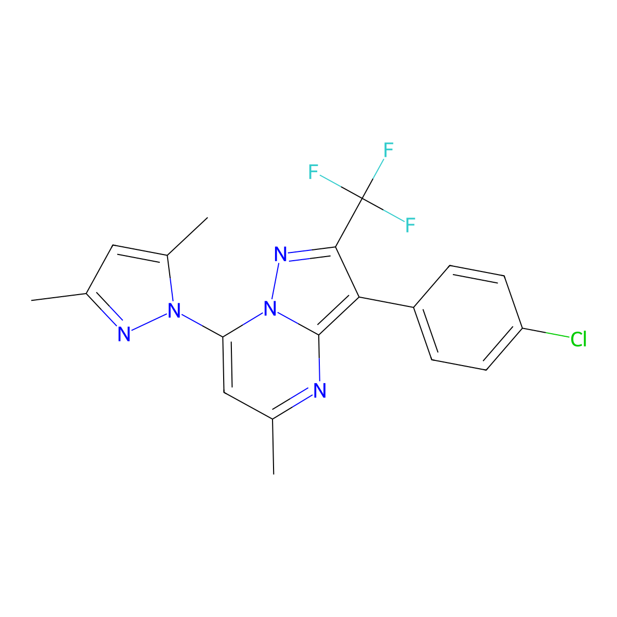 3-(4-chlorophenyl)-7-(3,5-dimethyl-1H-pyrazol-1-yl)-5-methyl-2-(trifluoromethyl)pyrazolo[1,5-a]pyrimidine molecular structure, CAS 1134484-02-8