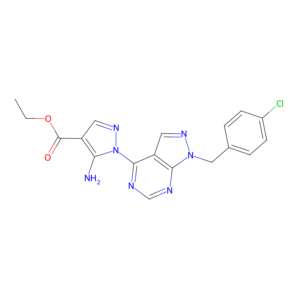 ethyl 5-amino-1-(1-(4-chlorobenzyl)-1H-pyrazolo[3,4-d]pyrimidin-4-yl)-1H-pyrazole-4-carboxylate molecular structure, CAS 1134490-07-5