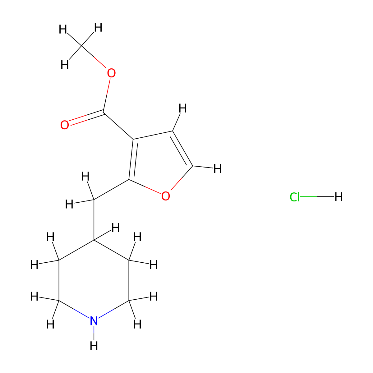 Methyl 2-(piperidin-4-ylmethyl)furan-3-carboxylate hydrochloride molecular structure, CAS 1134618-26-0